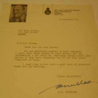 Sir Robert Muldoon, Sir Robert Muldoon letter