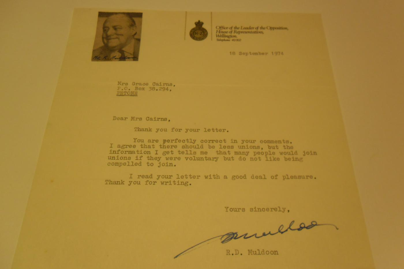 Sir Robert Muldoon, Sir Robert Muldoon letter