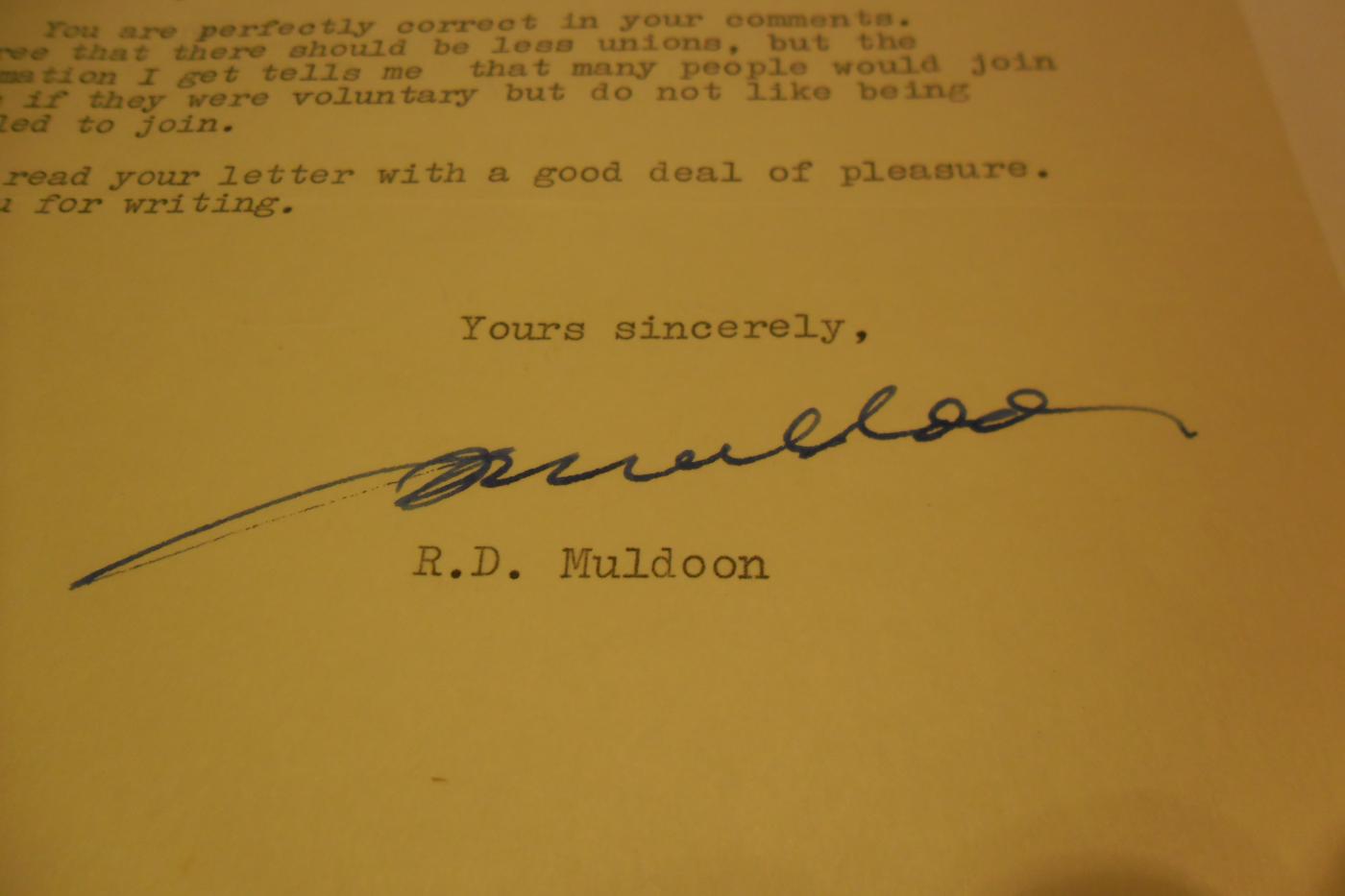 Sir Robert Muldoon, Sir Robert Muldoon letter