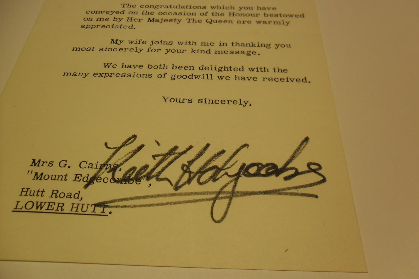 Sir Keith Holyoake, Sir Keith Holyoake signed letter