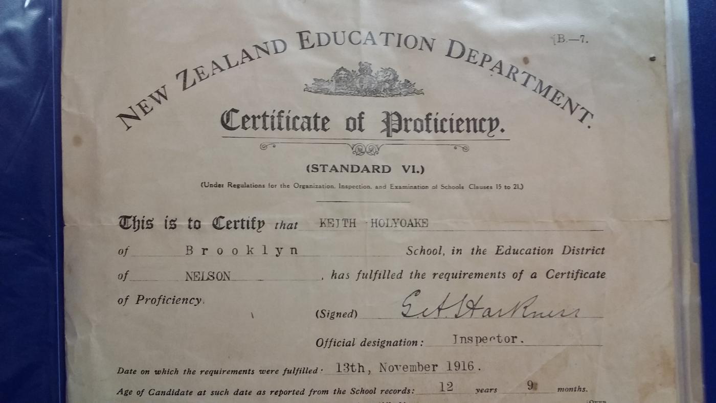 Sir Keith Holyoake's Certificate of Proficiency