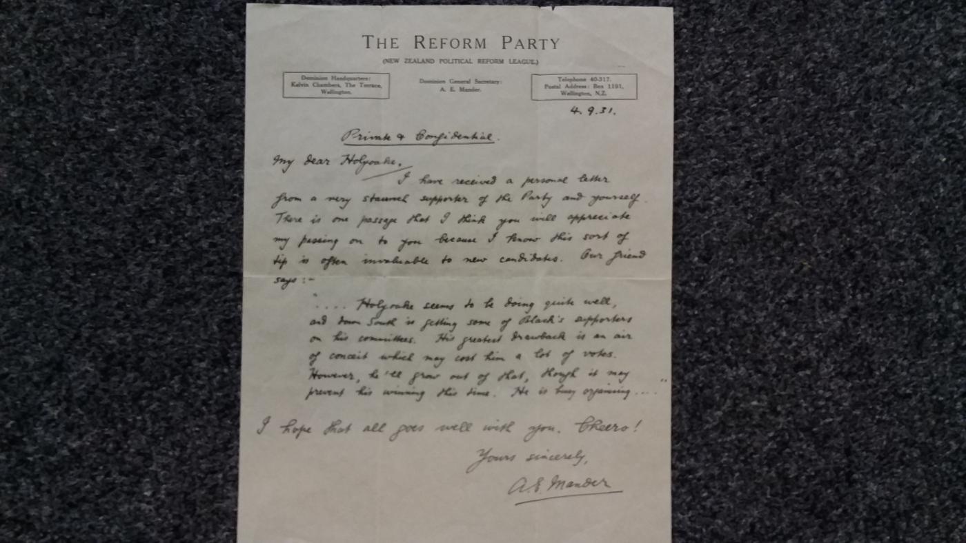 Wonderful letter from the Reform Party speaking of Holyoake's 'air of conceit' 