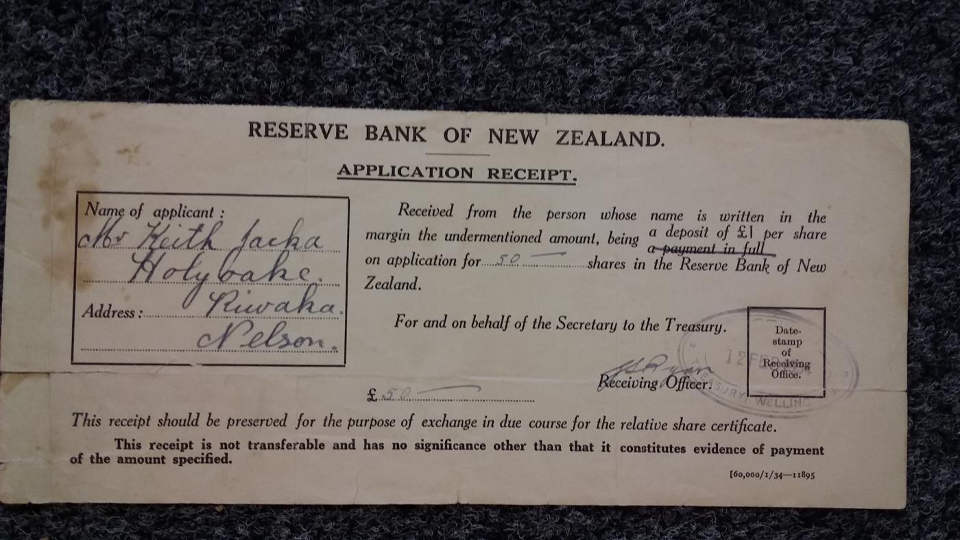 A share certificate for 50 shares in the Reserve Bank of New Zealand dated 1934.