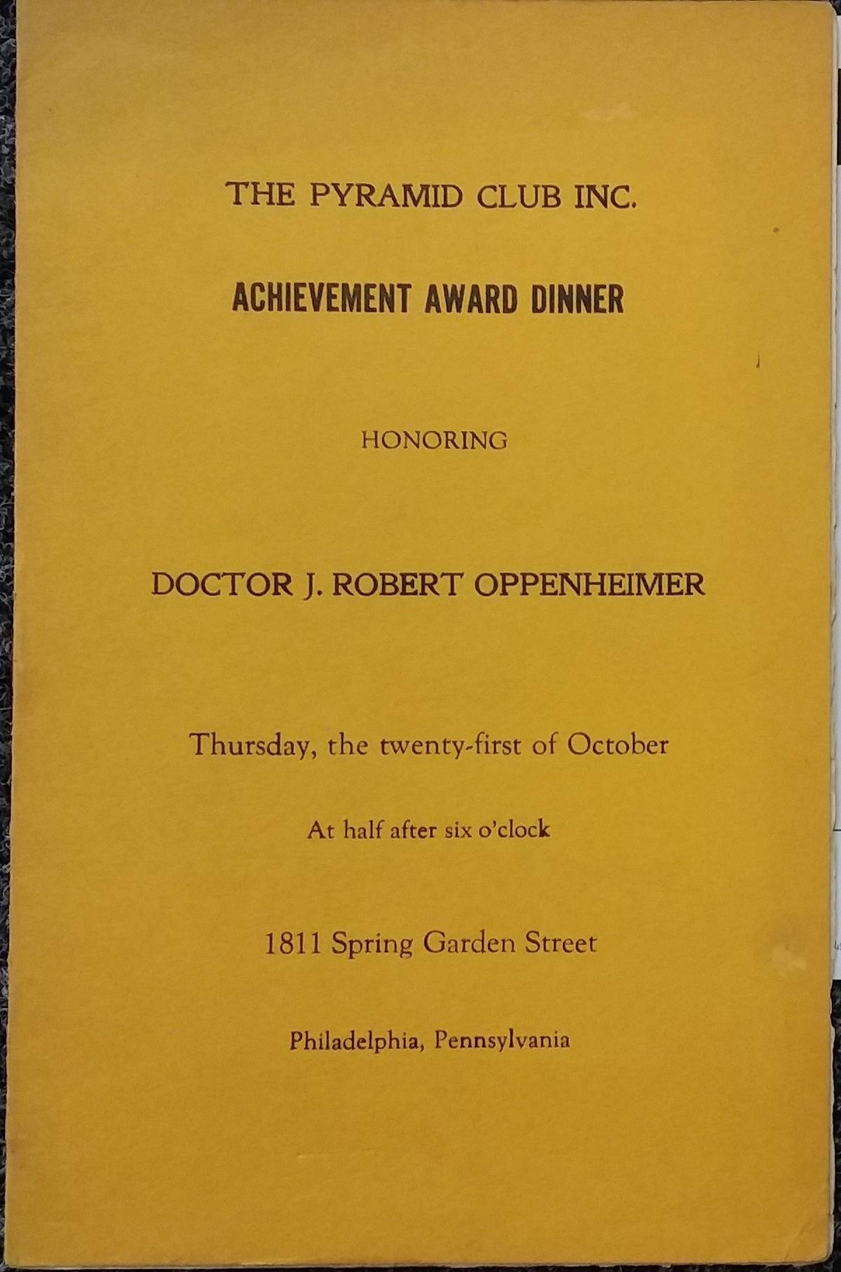 Autographed Achievement Awards programme by J Robert Oppenheimer