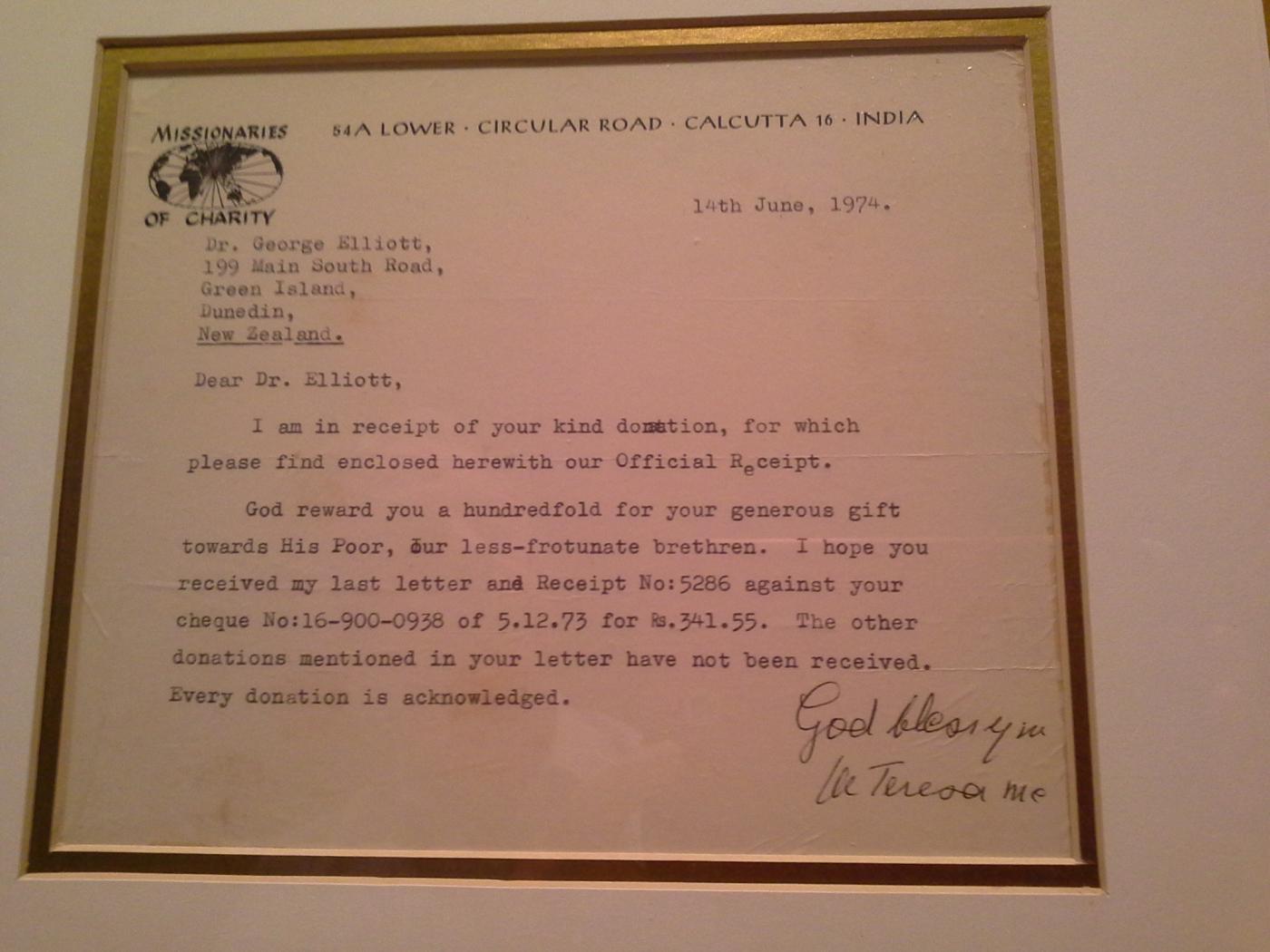 Letter signed by St Teresa of Calcutta (Mother Teresa)