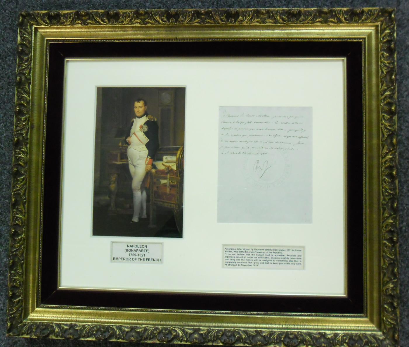 Napoleon Bonaparte letter signed with watermark, framed.