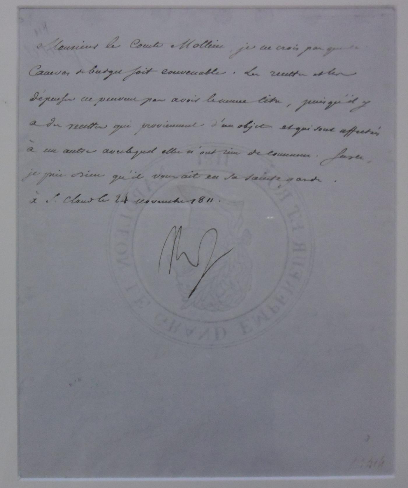 Letter signed by Napoleon Bonaparte to Count Mollien, Treasurer of the Republic dated 1811