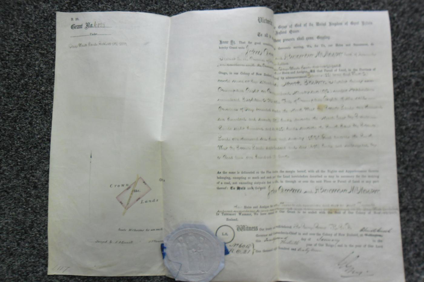 Land deed signed by New Zealand Governor Sir George Grey in 1867.