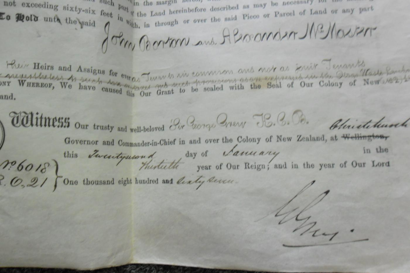 Land deed signed by New Zealand Governor Sir George Grey in 1867