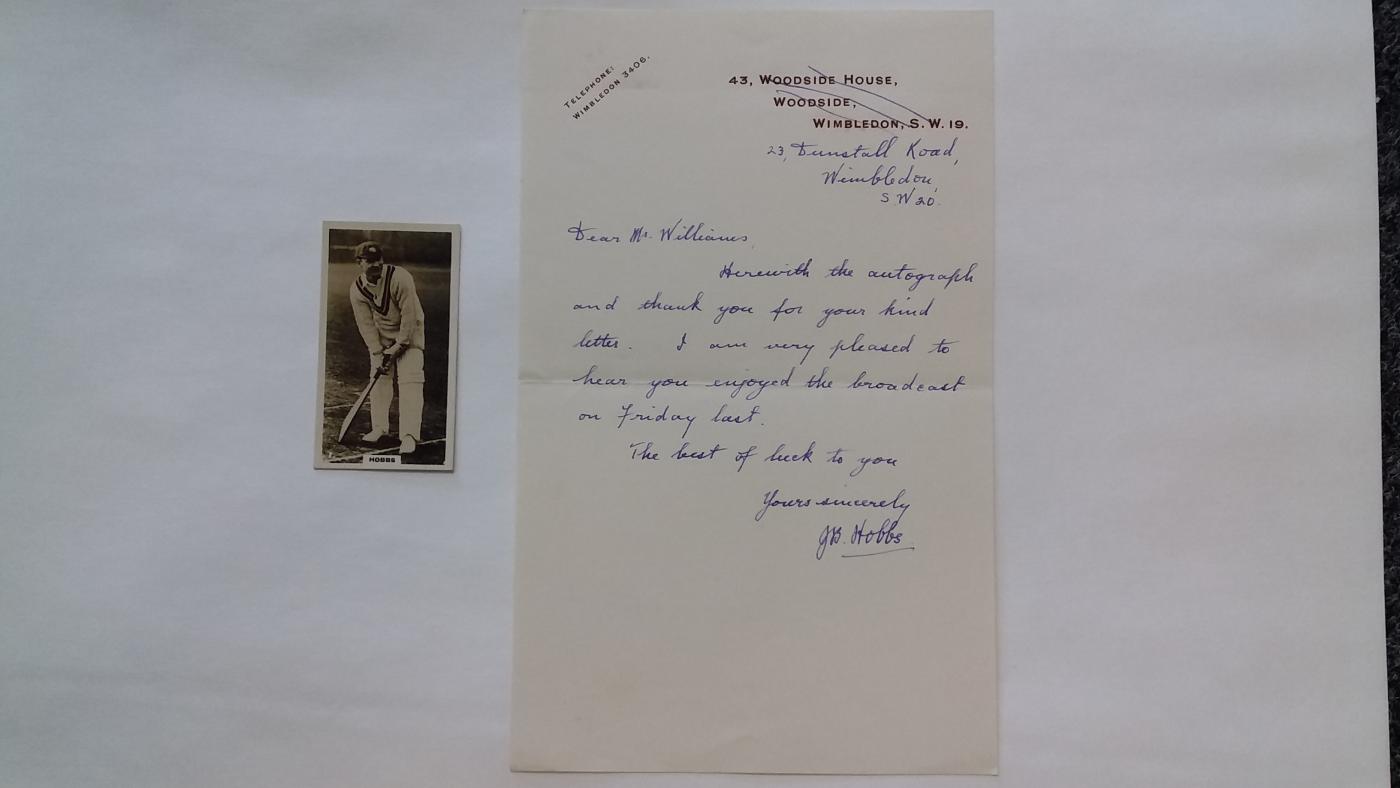 Letter in hand of 'The Master' Sir Jack Hobbs -cricket legend