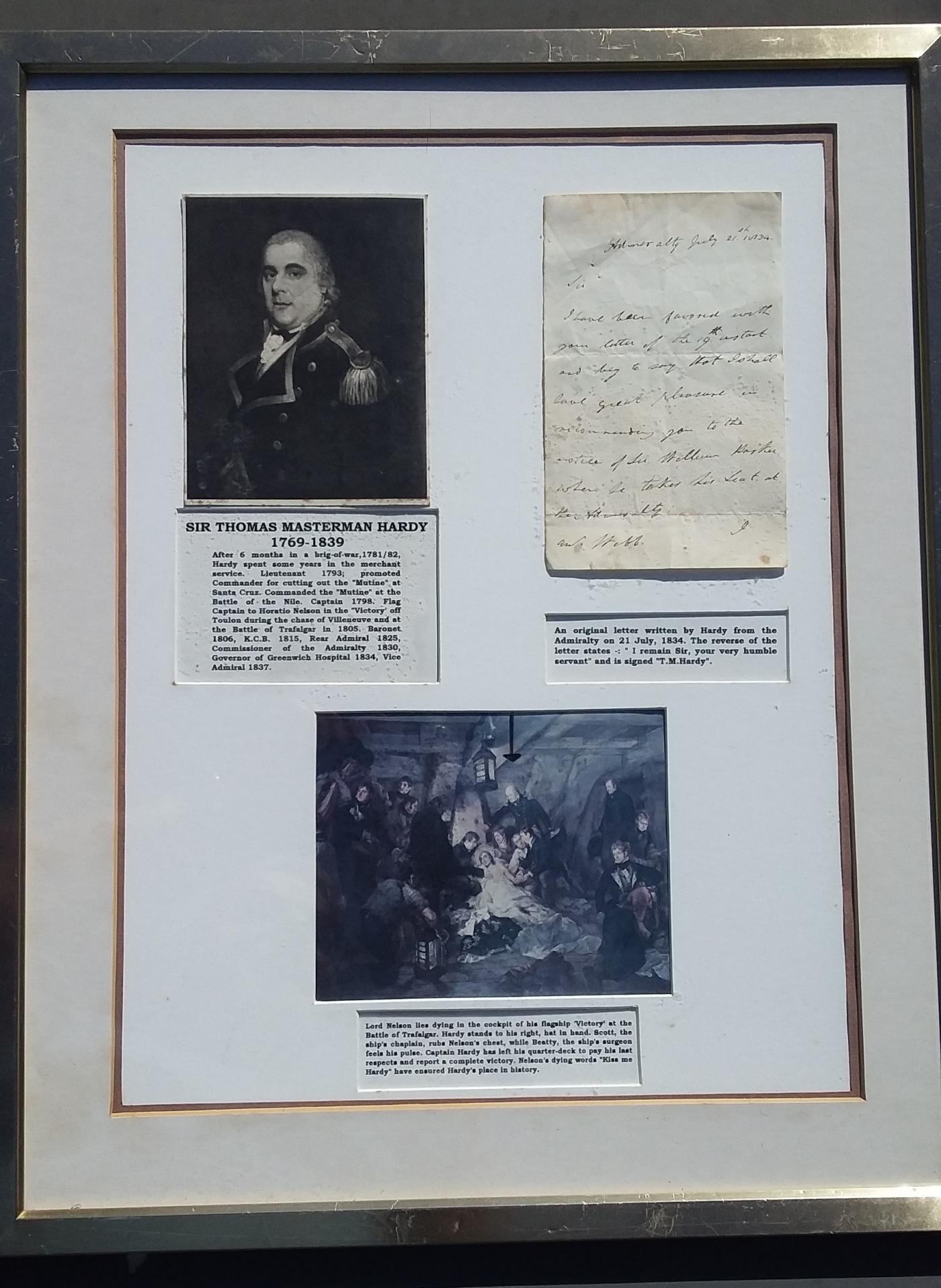 Framed letter by Capt Thomas Hardy with original lithograph of Hardy.