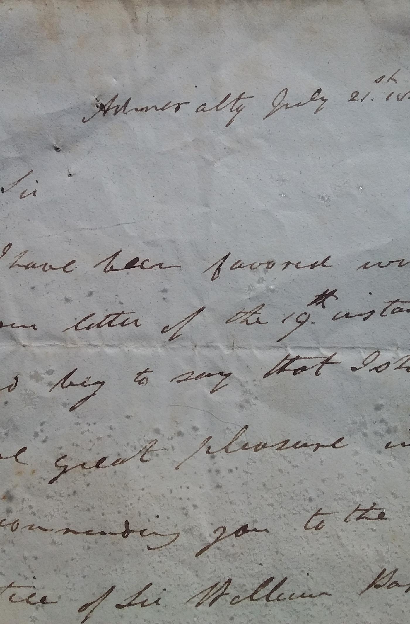 Letter in the hand of Capt Thomas Masterman Hardy dated 21 July, 1834