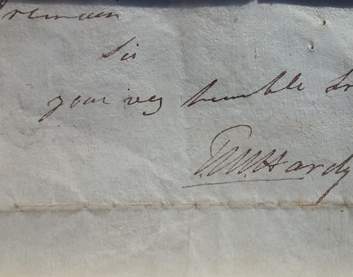 Reverse of letter in the hand of Capt Thomas Masterman Hardy.