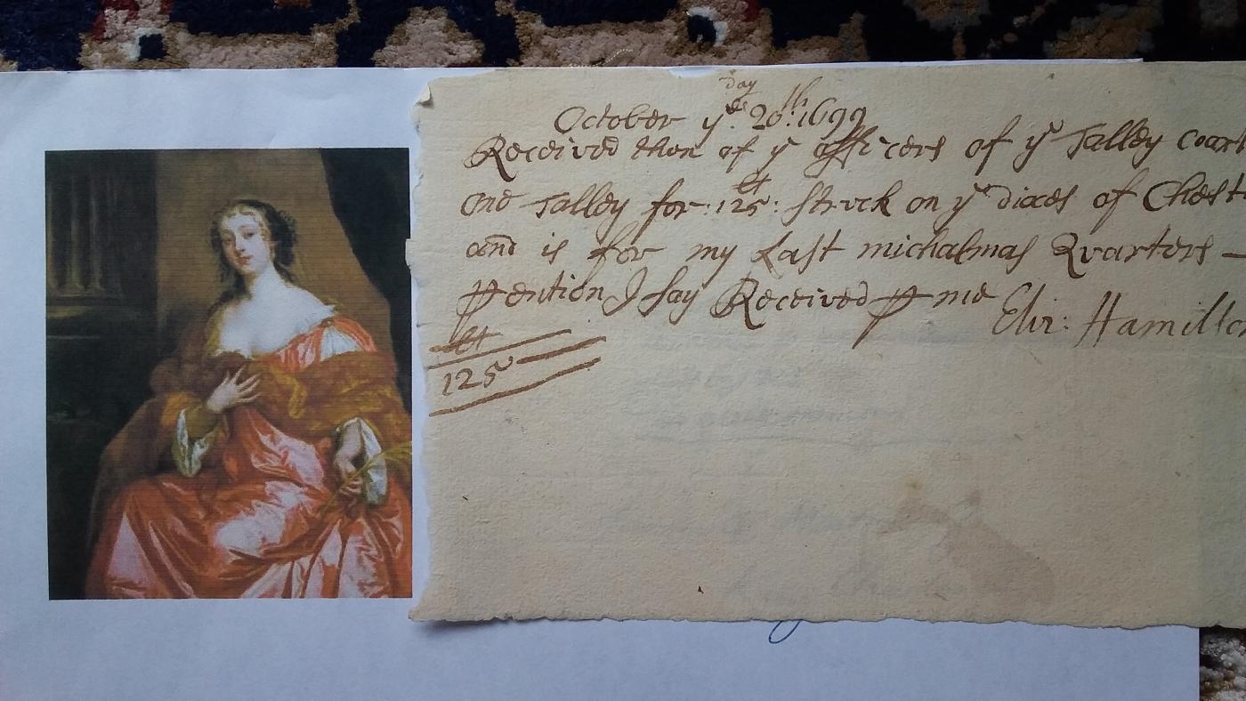 Receipt in hand of Elizabeth Hamilton, Countess of Gramont 1699