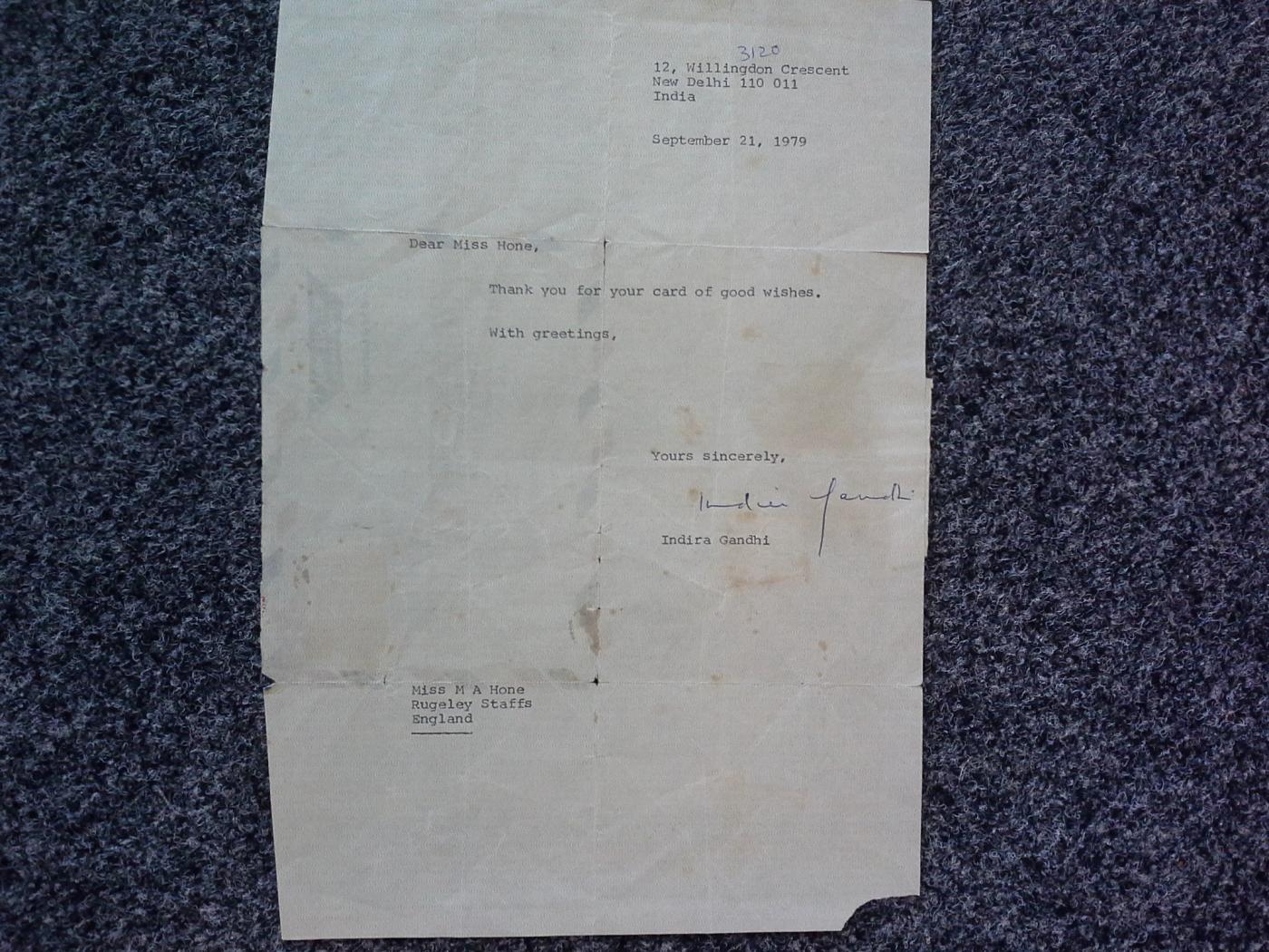 Typed letter signed by Indian Prime Minister Indira Gandhi