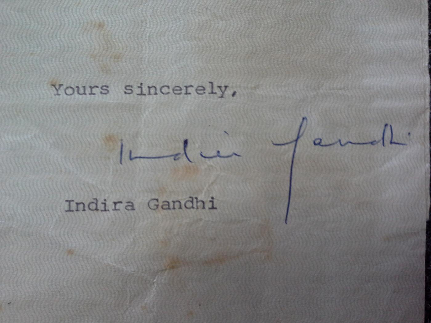 Typed letter signed by Indian PM Indira Gandhi