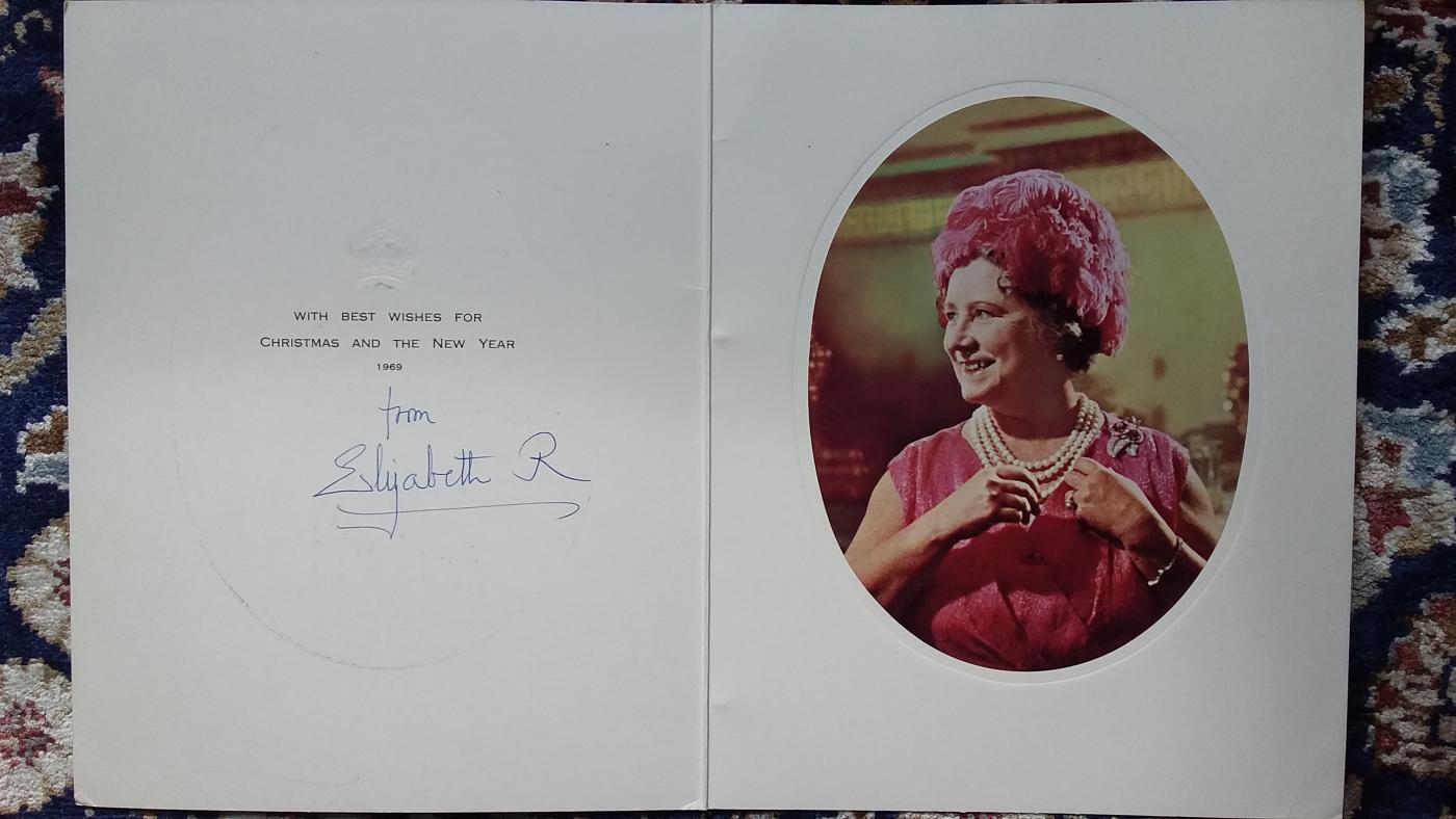 Authentically signed Xmas Card from the Queen Mother dated 1969