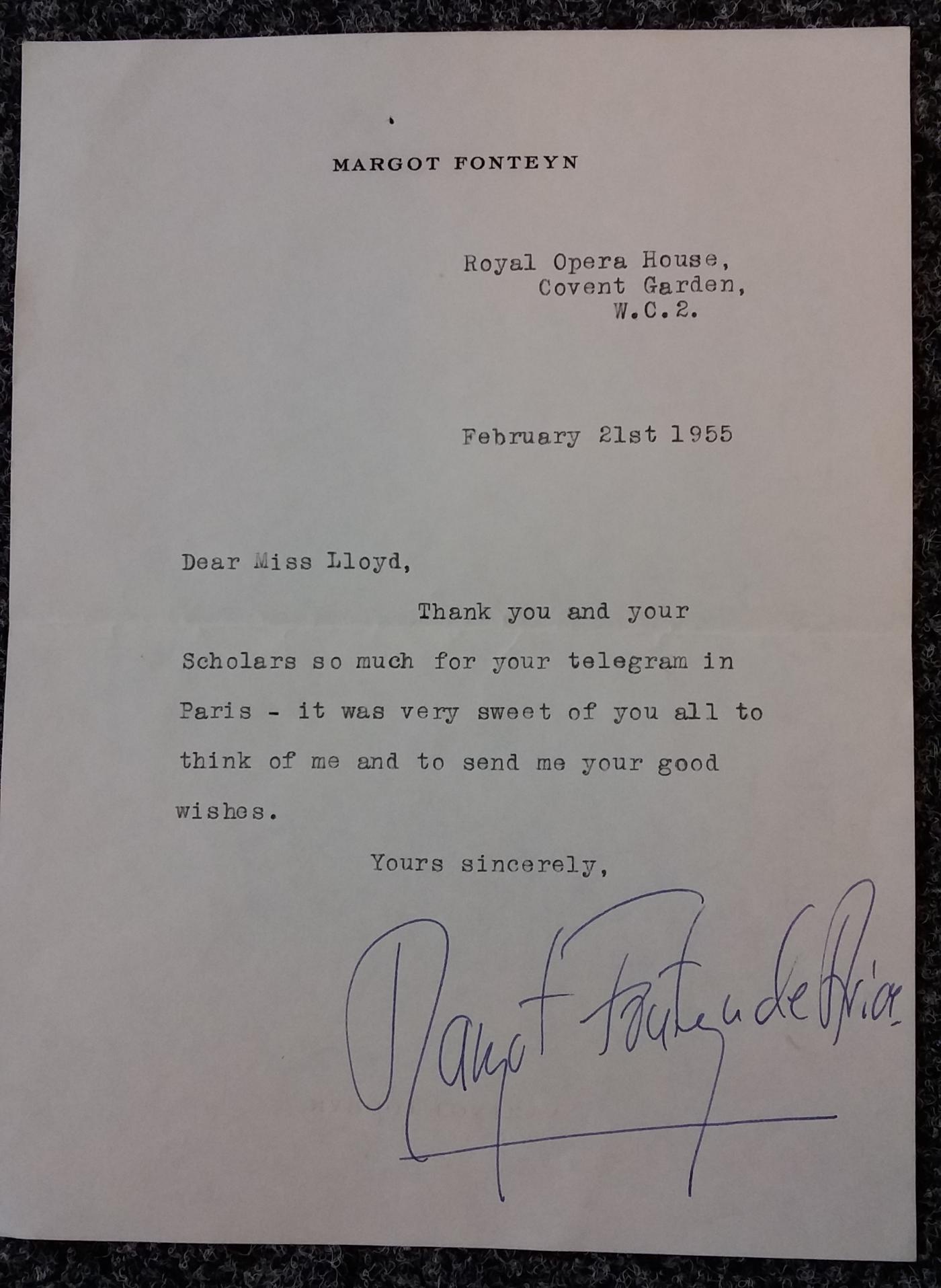 Typed letter signed by Dame Magot Fonteyn