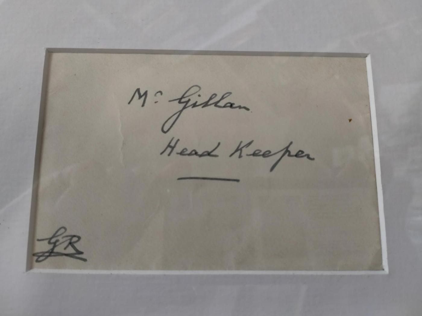 Note addressed in the hand of King George VI to his Head Keeper Mr Gillan