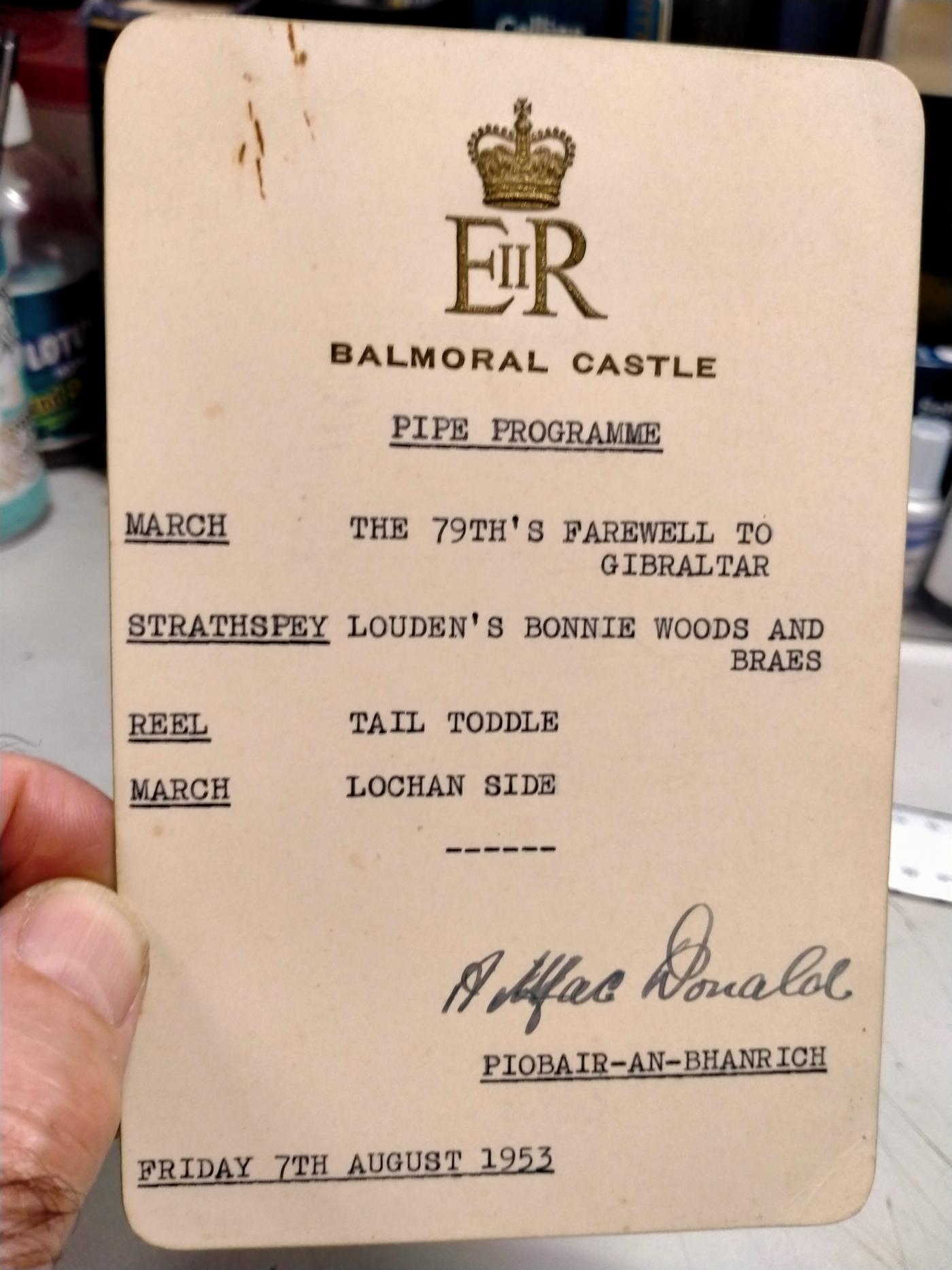 Balmoral Castle Pipe Programme 7 August, 1953